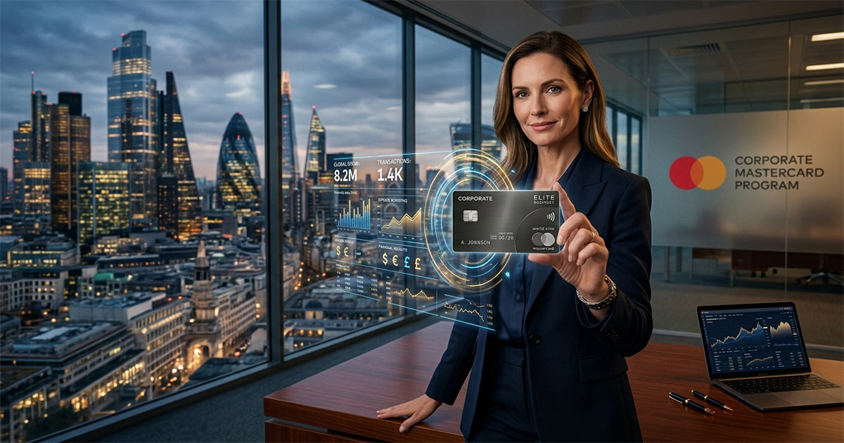 Business executive holding corporate payment card with digital fintech interface and financial data overlay