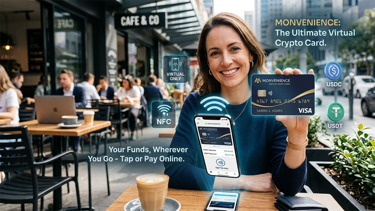 Monvenience virtual crypto card with NFC tap-to-pay via Apple Pay, Google Pay and Samsung Pay.