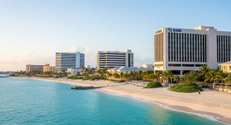 Seven Mile Beach with bank buildings