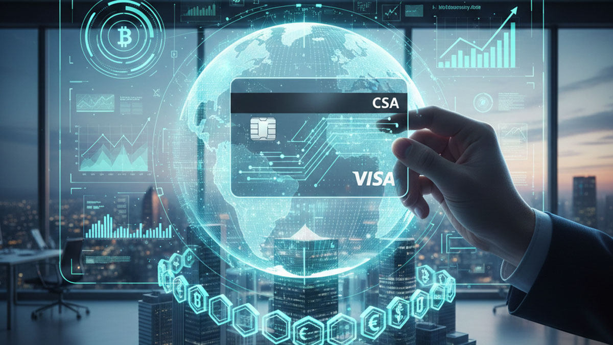 A futuristic digital interface showing a global map and a corporate payment card floating over a holographic city, representing blockchain treasury management.